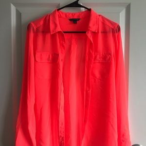 American Eagle Neon Coral Sheer Button Down Shirt